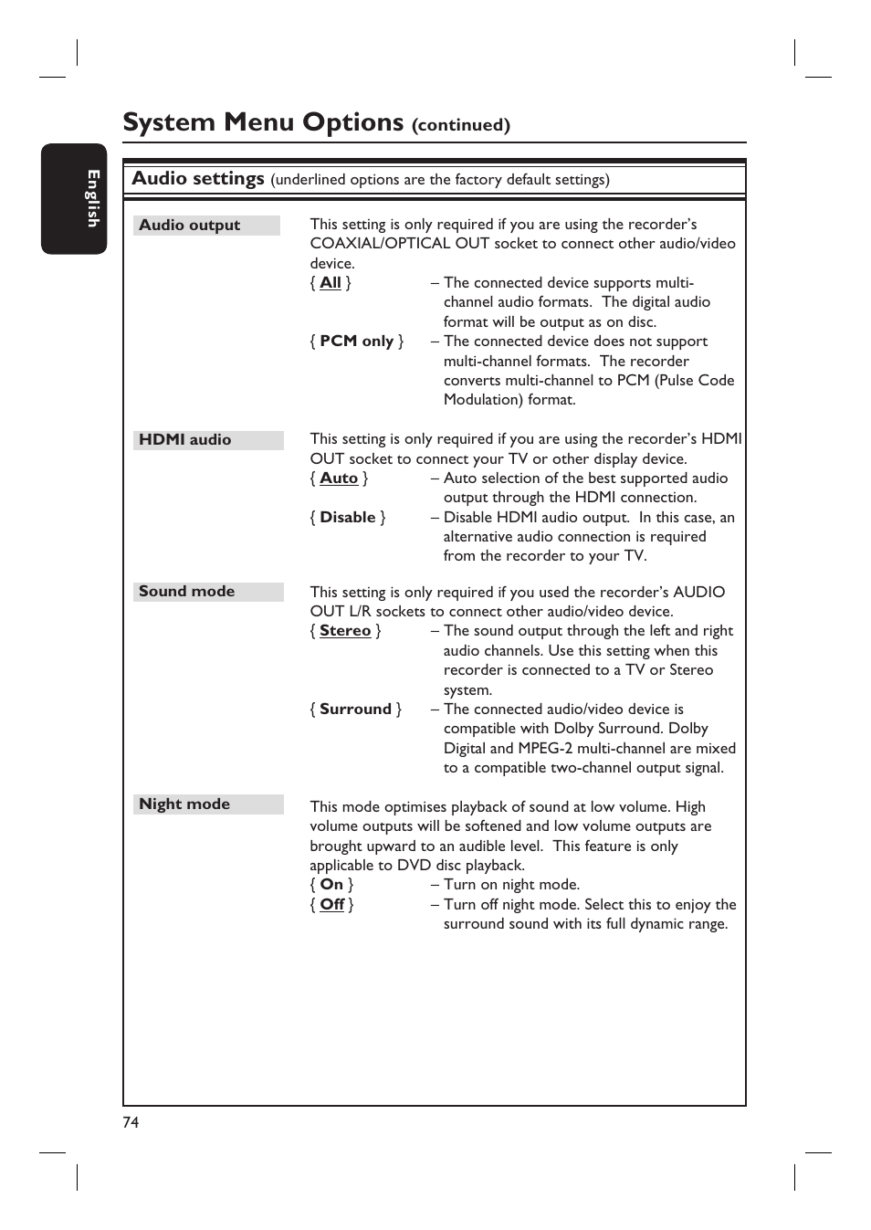 System menu options, Audio settings | Philips DVDR5590H User Manual | Page 74 / 95