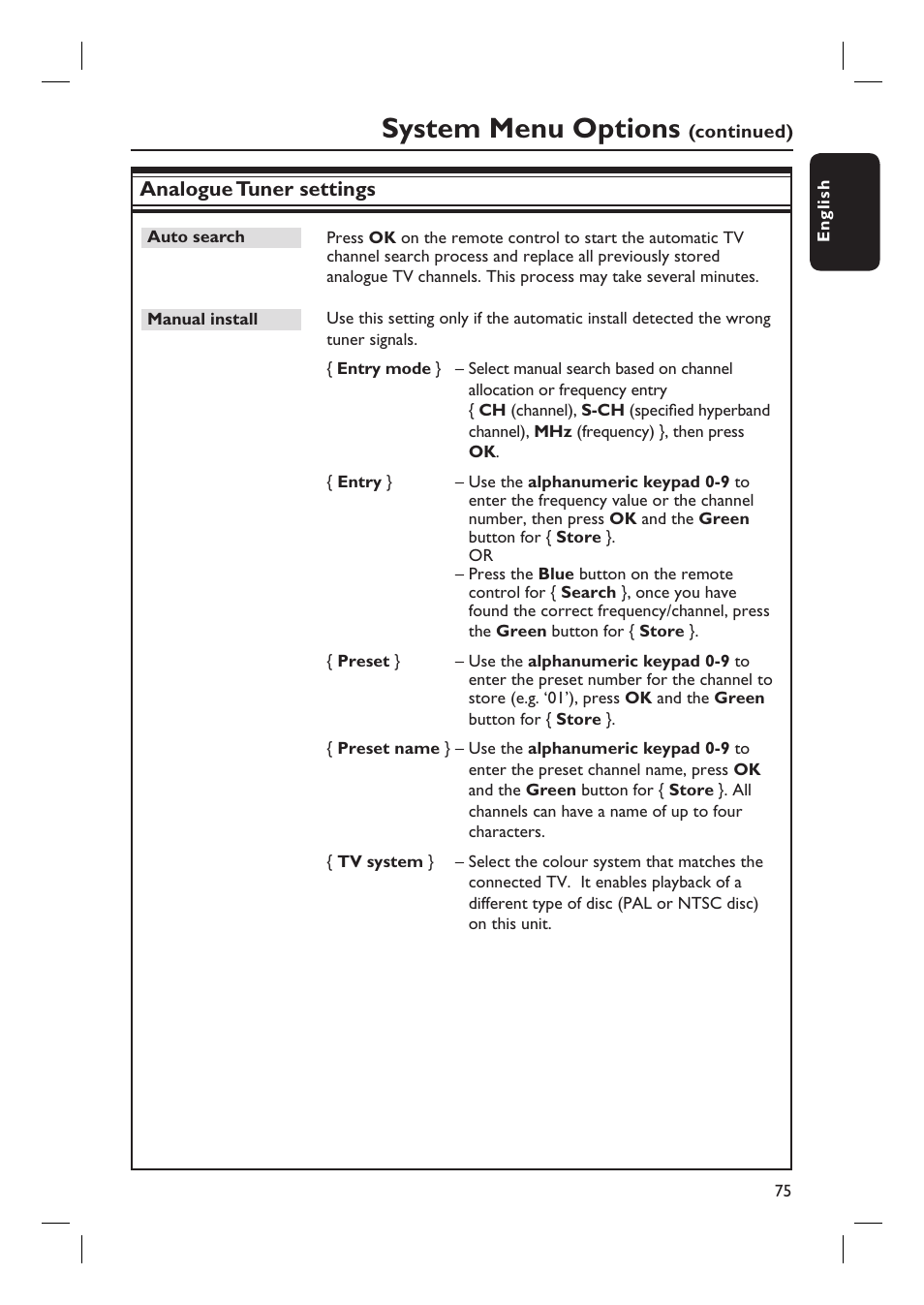 System menu options, Analogue tuner settings | Philips DVDR5590H User Manual | Page 75 / 95