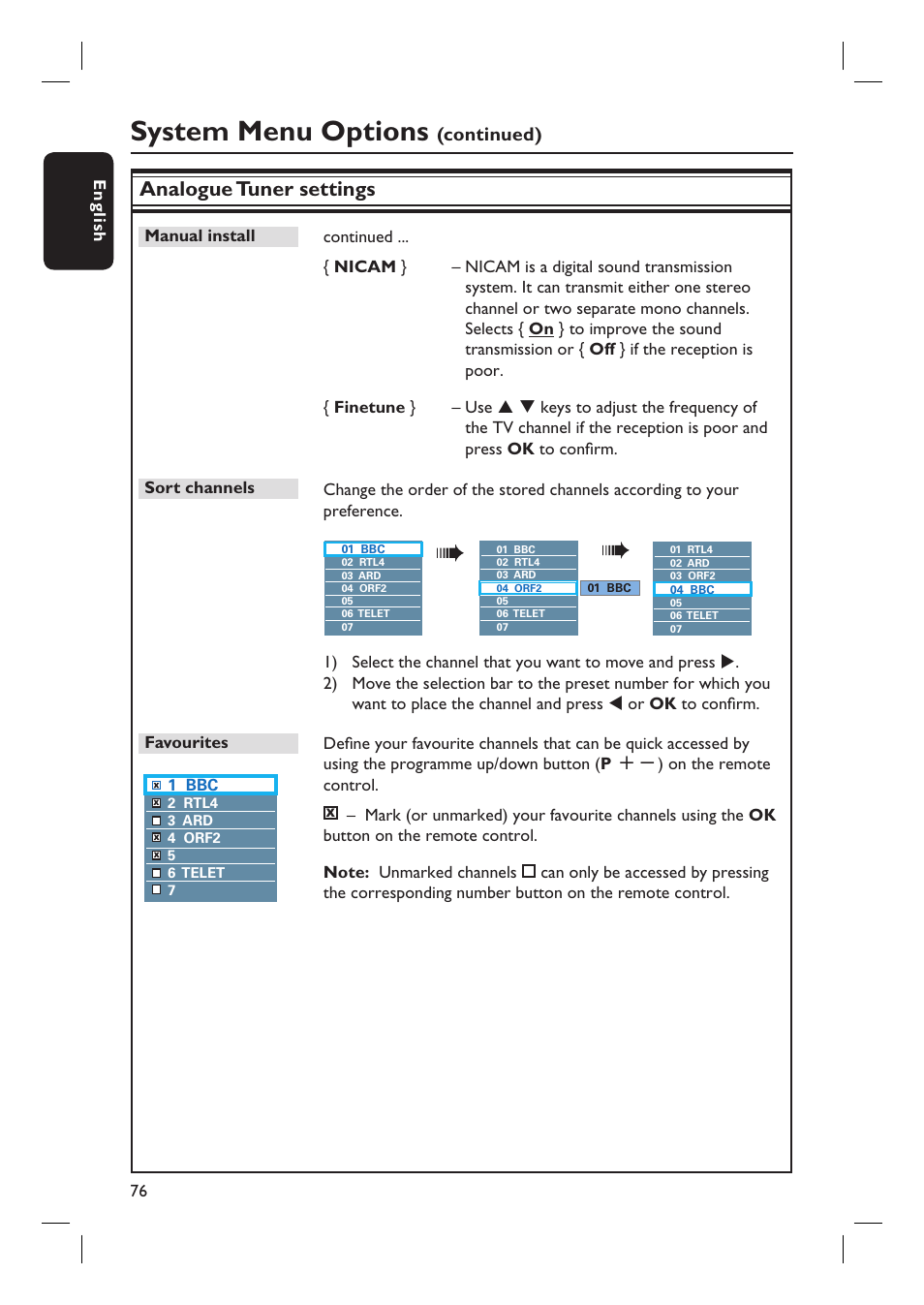 System menu options, Analogue tuner settings, Continued) | Philips DVDR5590H User Manual | Page 76 / 95