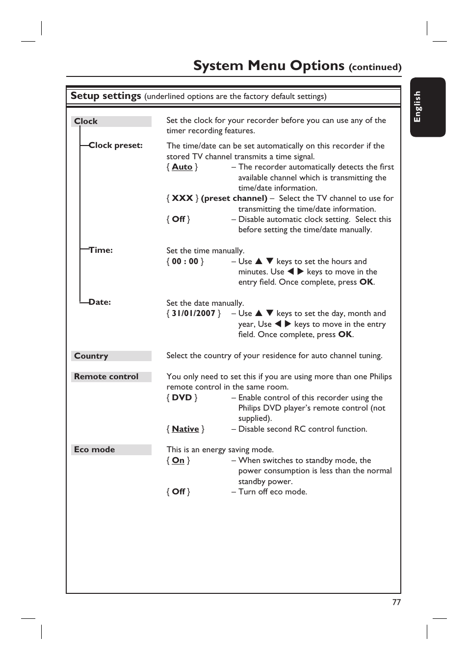 System menu options, Setup settings | Philips DVDR5590H User Manual | Page 77 / 95