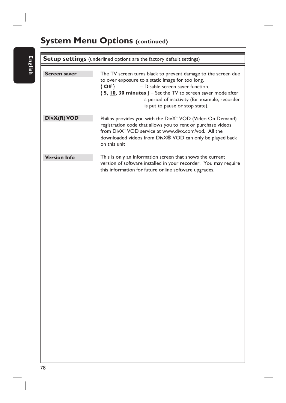 System menu options | Philips DVDR5590H User Manual | Page 78 / 95