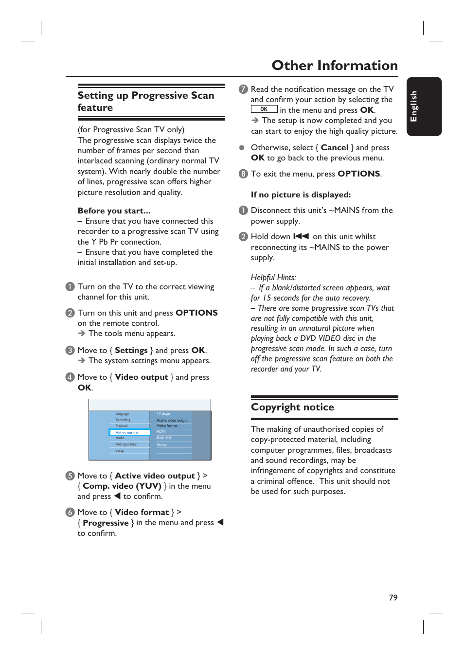 Other information, Setting up progressive scan feature, Copyright notice | Philips DVDR5590H User Manual | Page 79 / 95