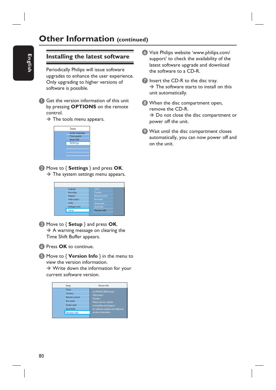 Other information, Installing the latest software, Continued) | Philips DVDR5590H User Manual | Page 80 / 95