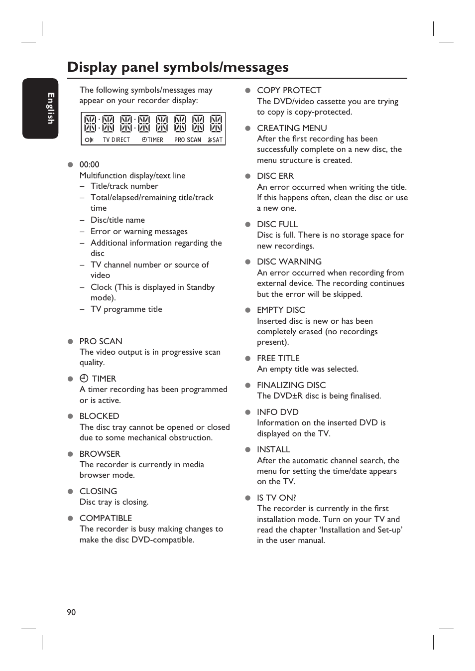 Display panel symbols/messages | Philips DVDR5590H User Manual | Page 90 / 95