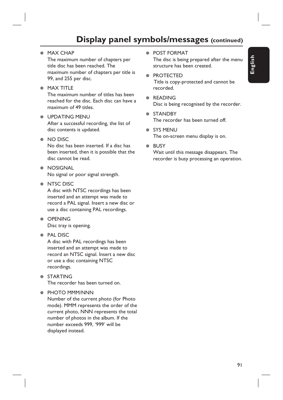 Display panel symbols/messages | Philips DVDR5590H User Manual | Page 91 / 95