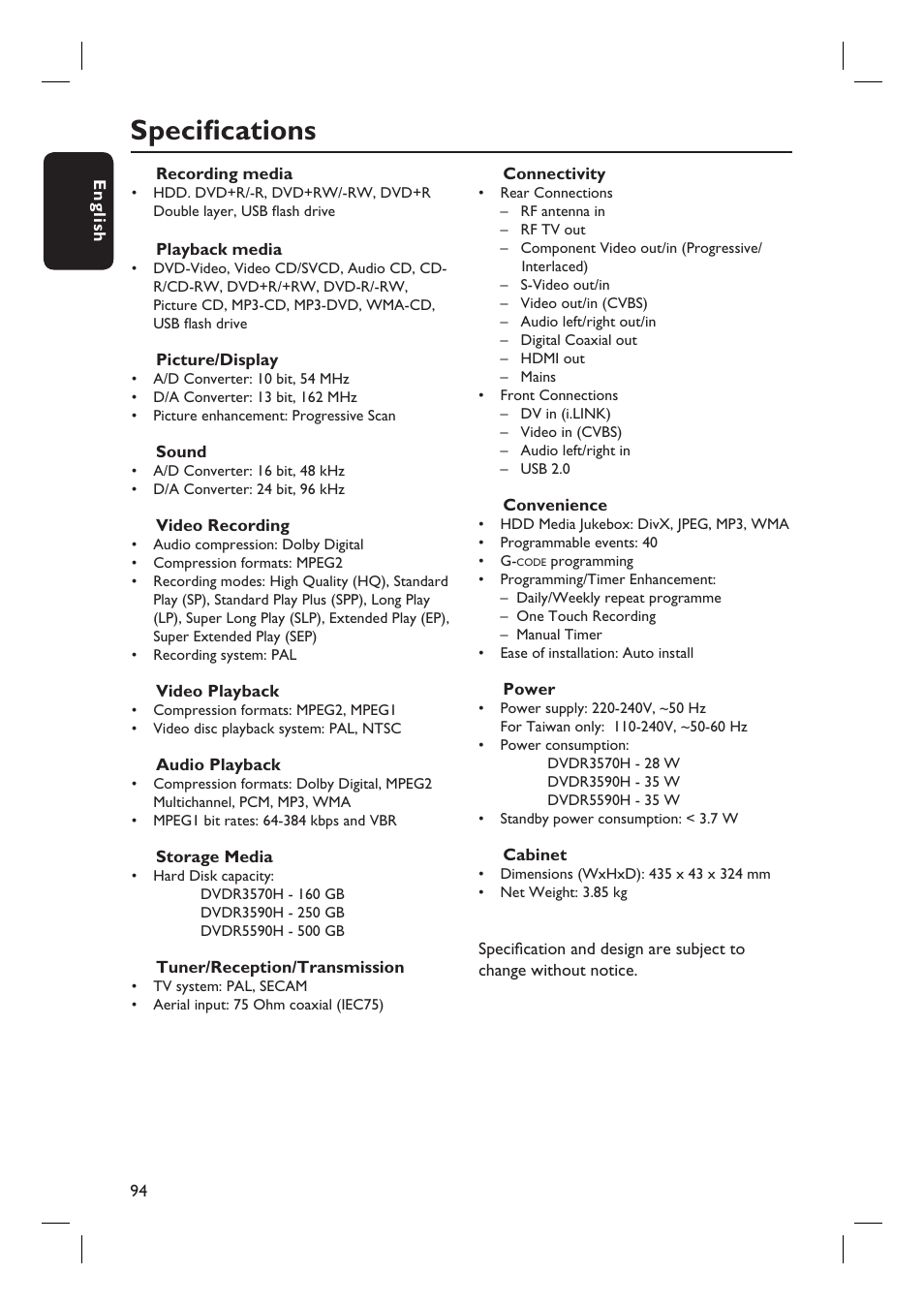 Specifi cations | Philips DVDR5590H User Manual | Page 94 / 95