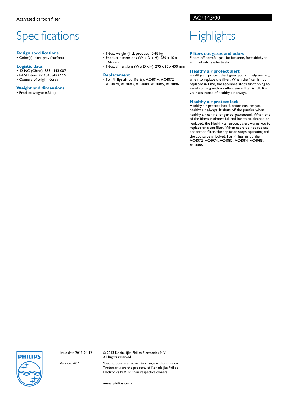 Specifications, Highlights | Philips AC4143 User Manual | Page 2 / 2