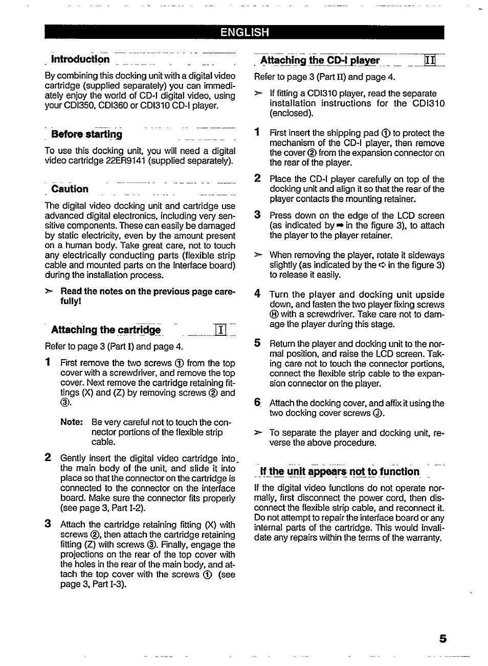 English, Introduction, Before starting | Caution, Attaching the cartridge, Attaching №e ce^r player zzl, Hjh® unit apitears not to function, Attaching №e ce^r player________ zzl | Philips 22ER9142 User Manual | Page 5 / 17