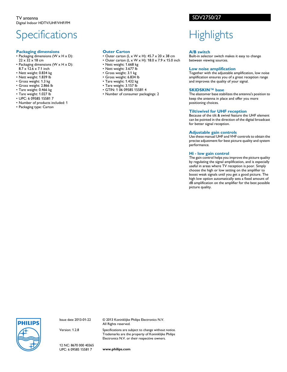 Specifications, Highlights | Philips SDV2750 User Manual | Page 2 / 2