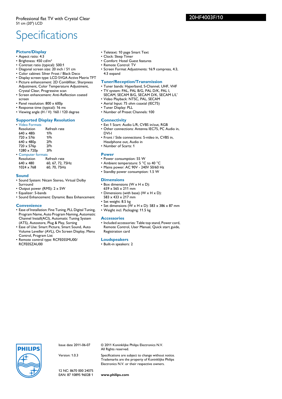 Specifications | Philips 20HF4003F User Manual | Page 3 / 3