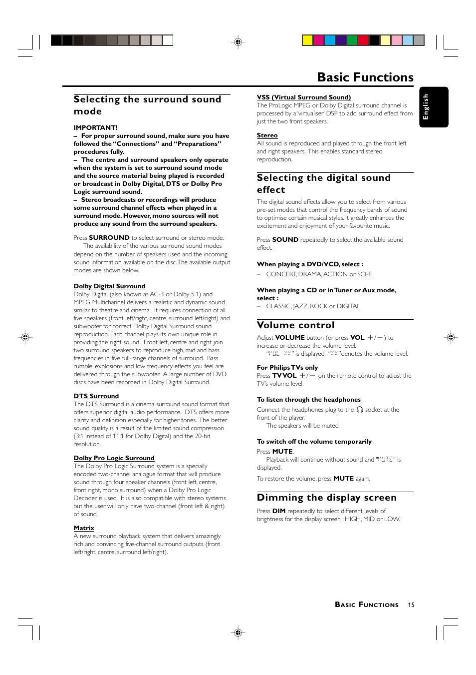 Basic functions, Selecting the surround sound mode, Selecting the digital sound effect | Volume control, Dimming the display screen | Philips LX-3000D User Manual | Page 15 / 23