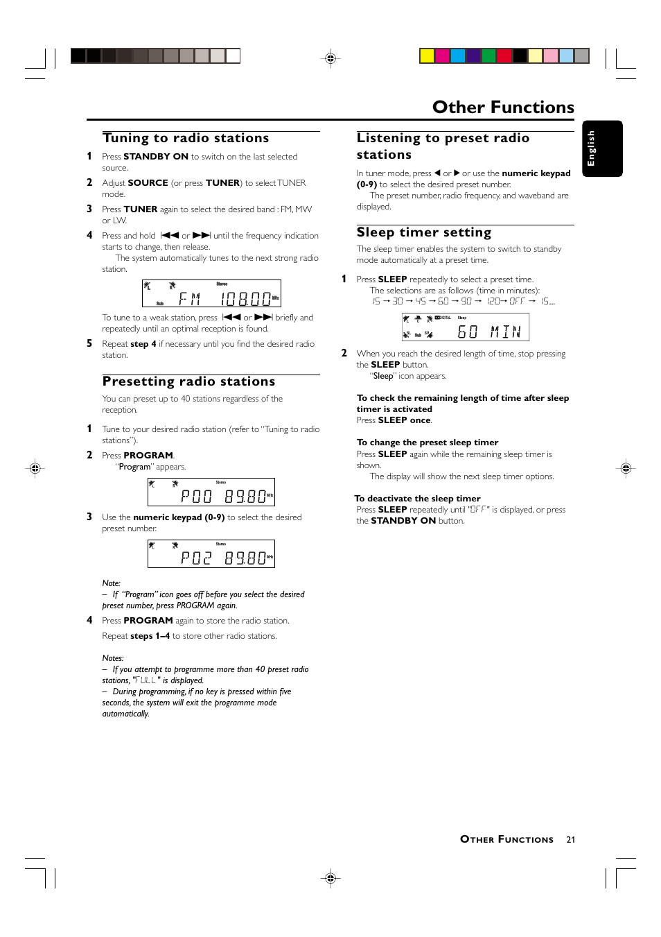 Other functions, Tuning to radio stations, Presetting radio stations | Listening to preset radio stations, Sleep timer setting | Philips LX-3000D User Manual | Page 21 / 23