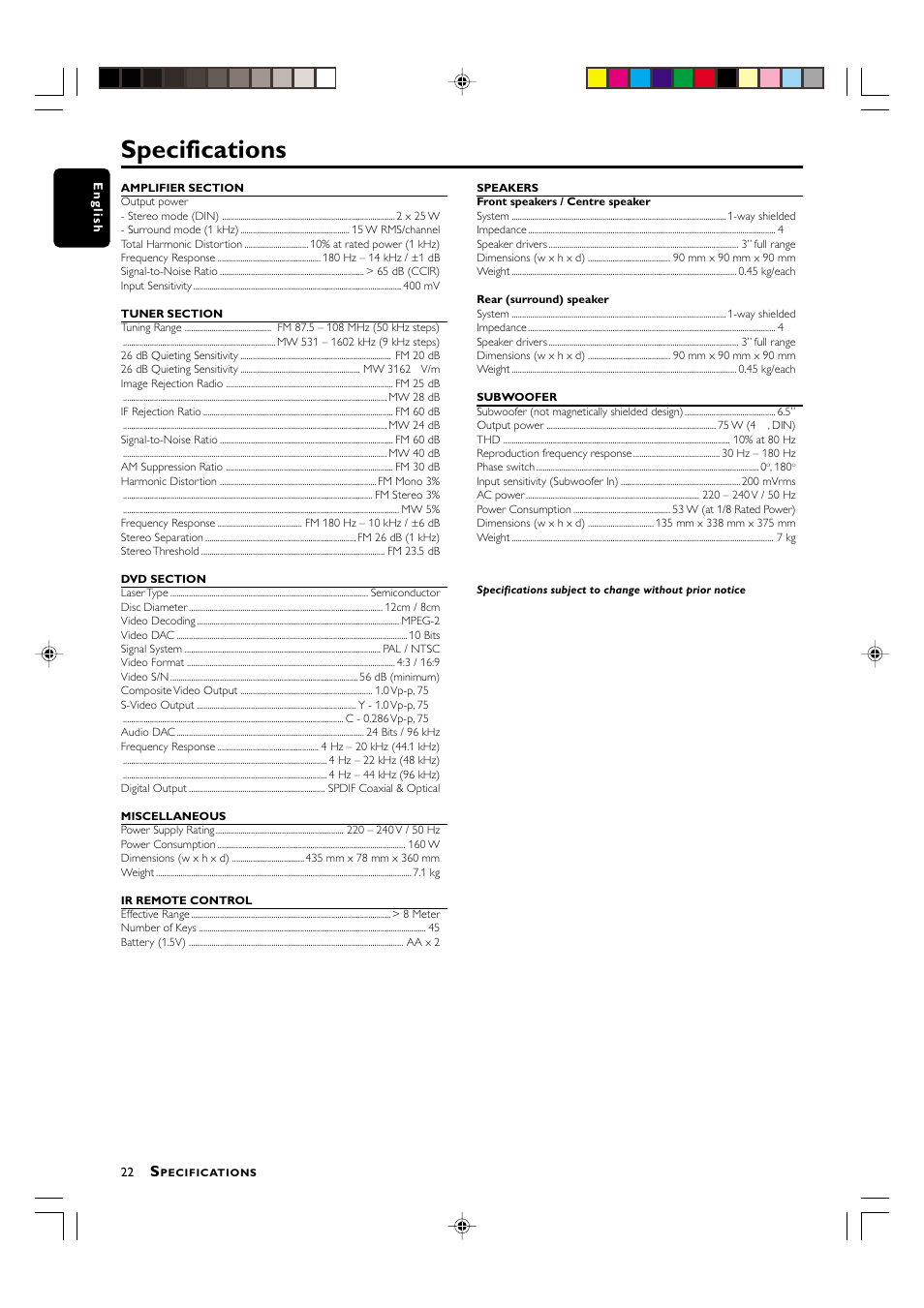 Specifications | Philips LX-3000D User Manual | Page 22 / 23