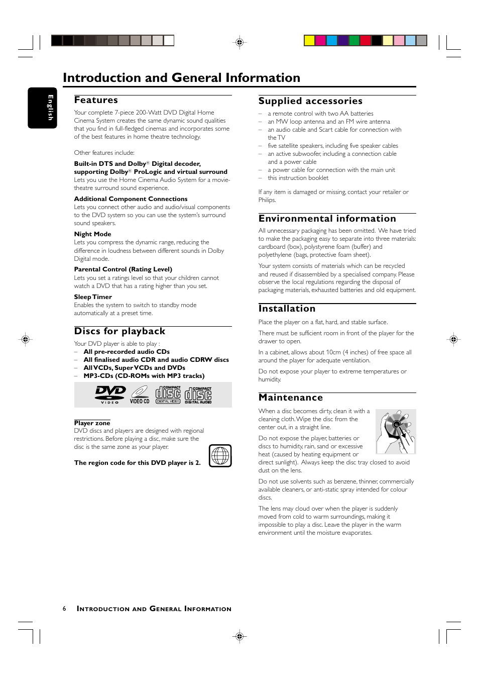 Introduction and general information, Features, Discs for playback | Supplied accessories, Environmental information, Installation, Maintenance | Philips LX-3000D User Manual | Page 6 / 23