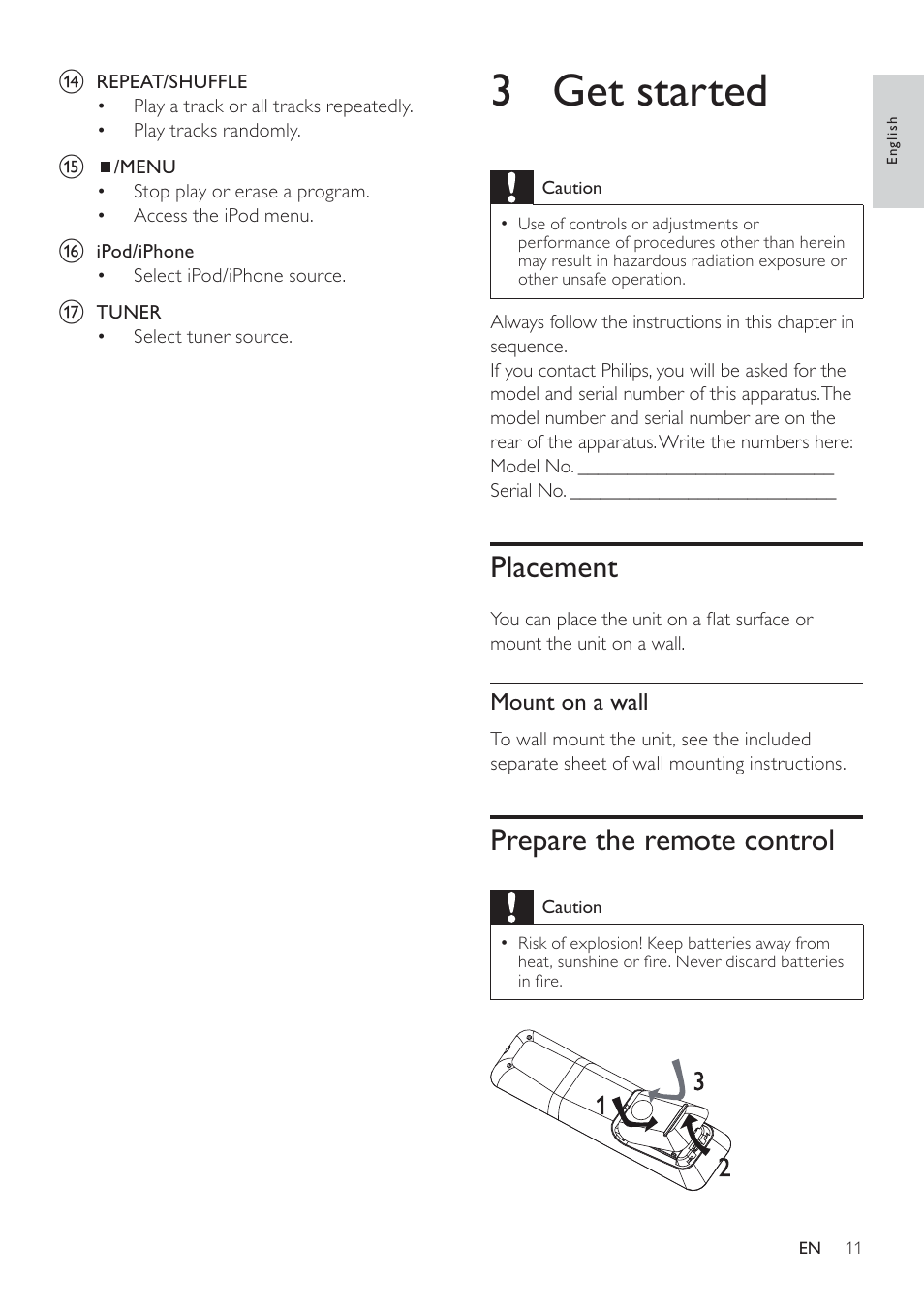 3 get started, Placement, Prepare the remote control | Philips - DCM278 User Manual | Page 11 / 21