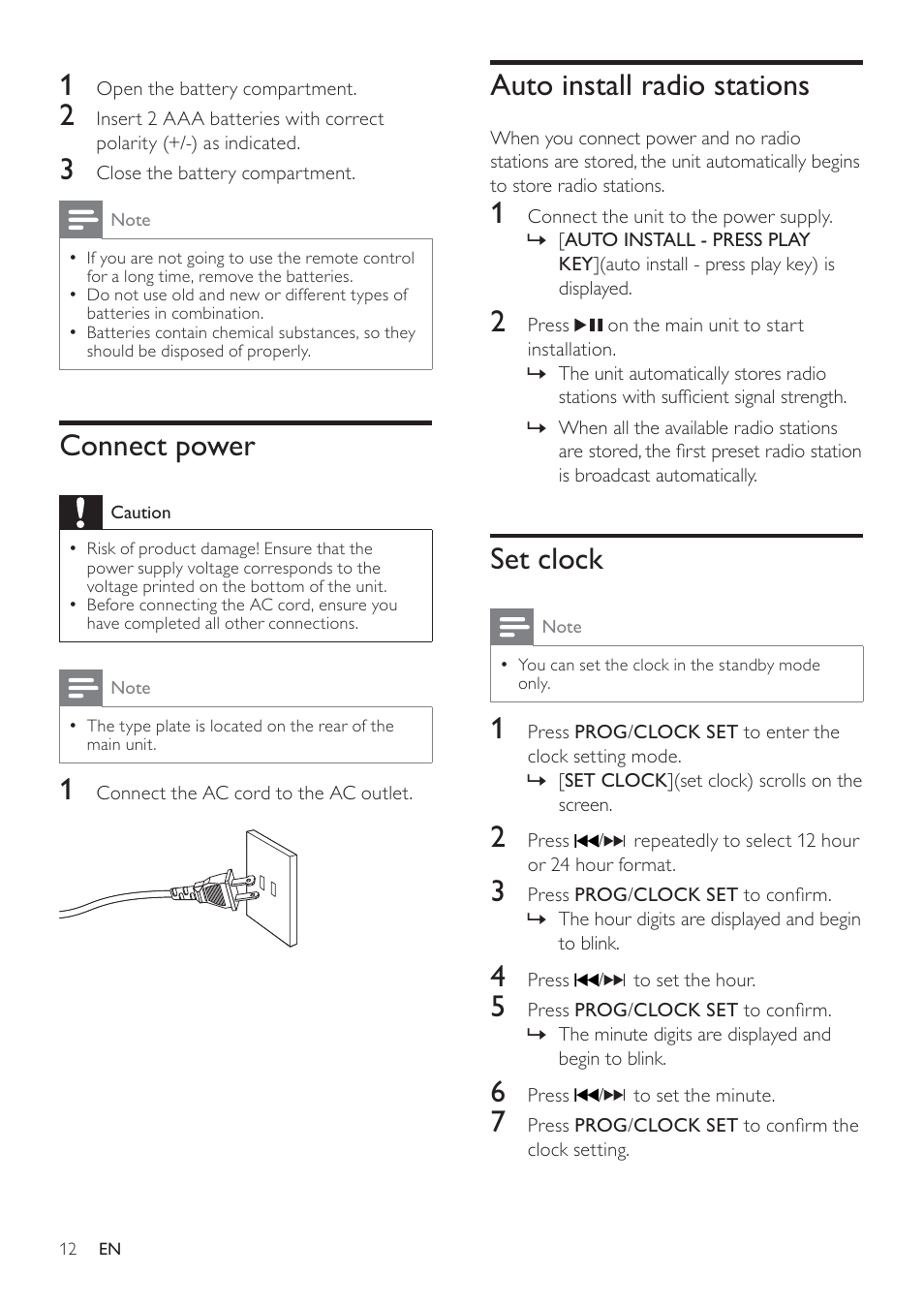 Auto install radio stations, Set clock, Connect power | Philips - DCM278 User Manual | Page 12 / 21