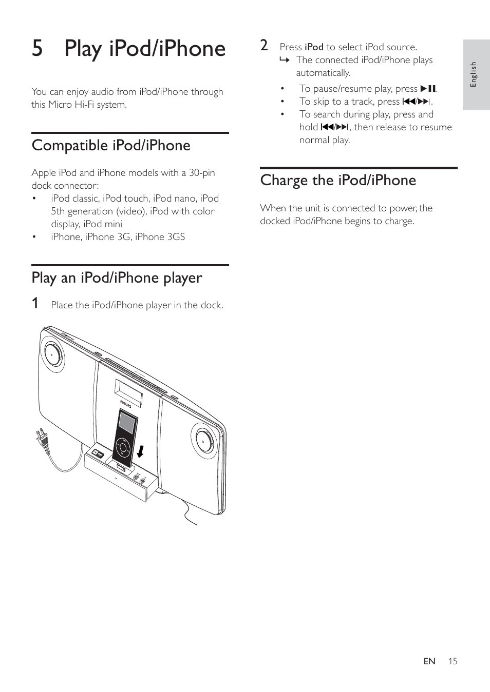 5 play ipod/iphone | Philips - DCM278 User Manual | Page 15 / 21