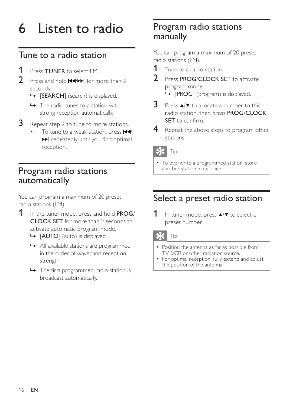 6 listen to radio, Program radio stations manually, Select a preset radio station 1 | Tune to a radio station 1, Program radio stations automatically | Philips - DCM278 User Manual | Page 16 / 21