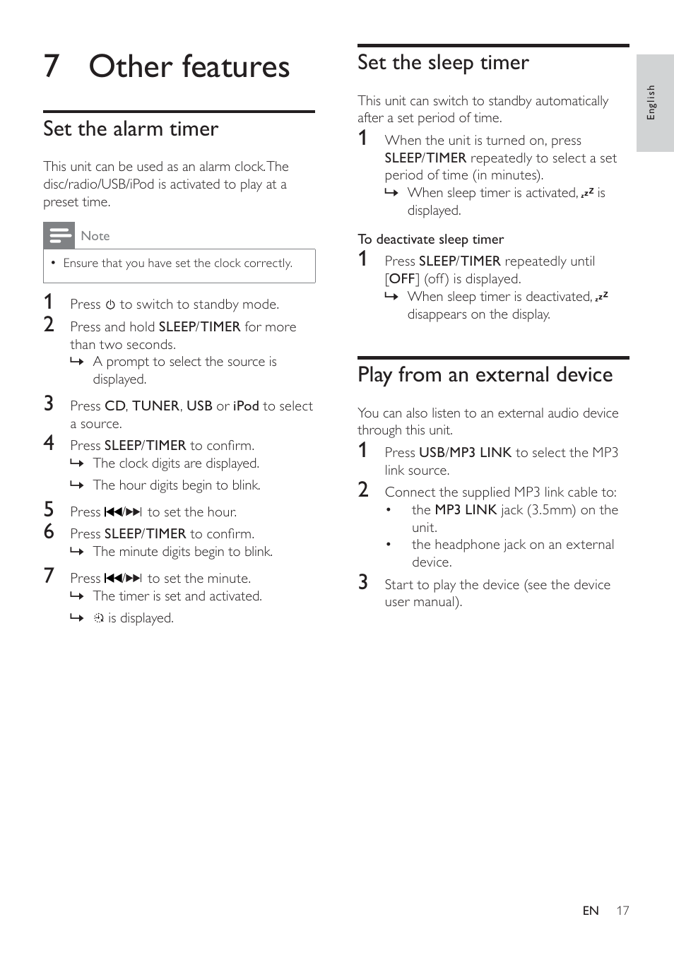 7 other features, Set the sleep timer, Play from an external device | Set the alarm timer | Philips - DCM278 User Manual | Page 17 / 21