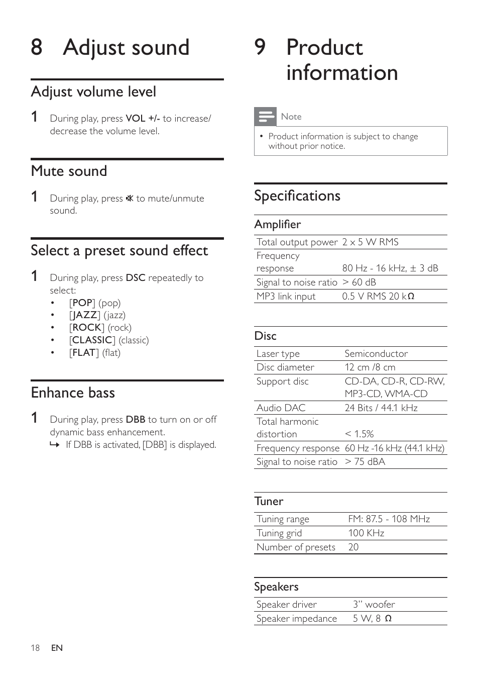 9 product information, 8 adjust sound, Speciﬁcations | Adjust volume level 1, Mute sound 1, Select a preset sound effect 1, Enhance bass 1 | Philips - DCM278 User Manual | Page 18 / 21