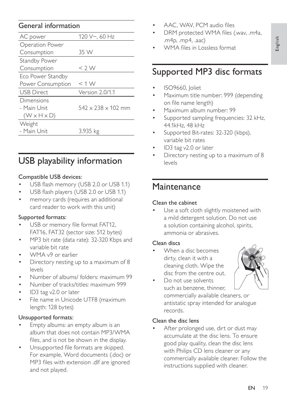 Supported mp3 disc formats, Maintenance, Usb playability information | General information | Philips - DCM278 User Manual | Page 19 / 21