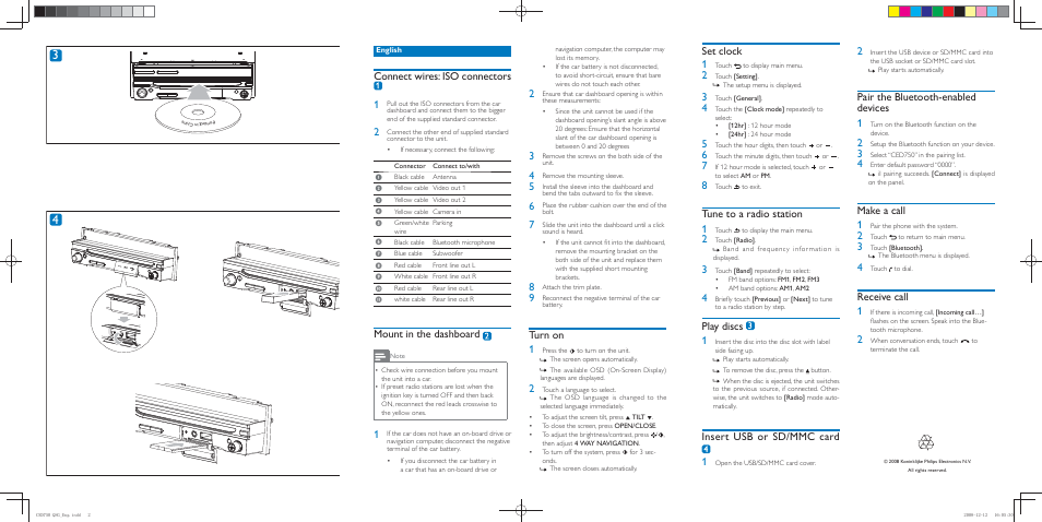 Connect wires: iso connectors 1, Mount in the dashboard, Turn on 1 | Set clock 1, Tune to a radio station 1, Play discs 1, Insert usb or sd/mmc card 1, Pair the bluetooth-enabled devices 1, Make a call 1, Receive call 1 | Philips CED750 User Manual | Page 2 / 2