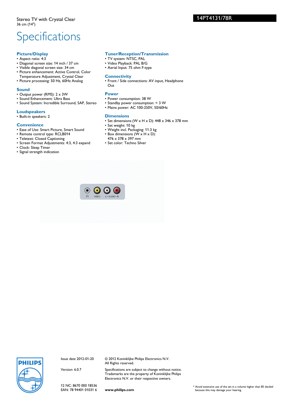 Specifications | Philips 14PT4131 User Manual | Page 3 / 3