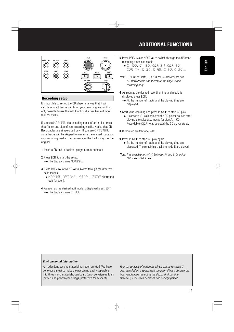 Additional functions, English, Recording setup | Philips CD5000 User Manual | Page 12 / 14