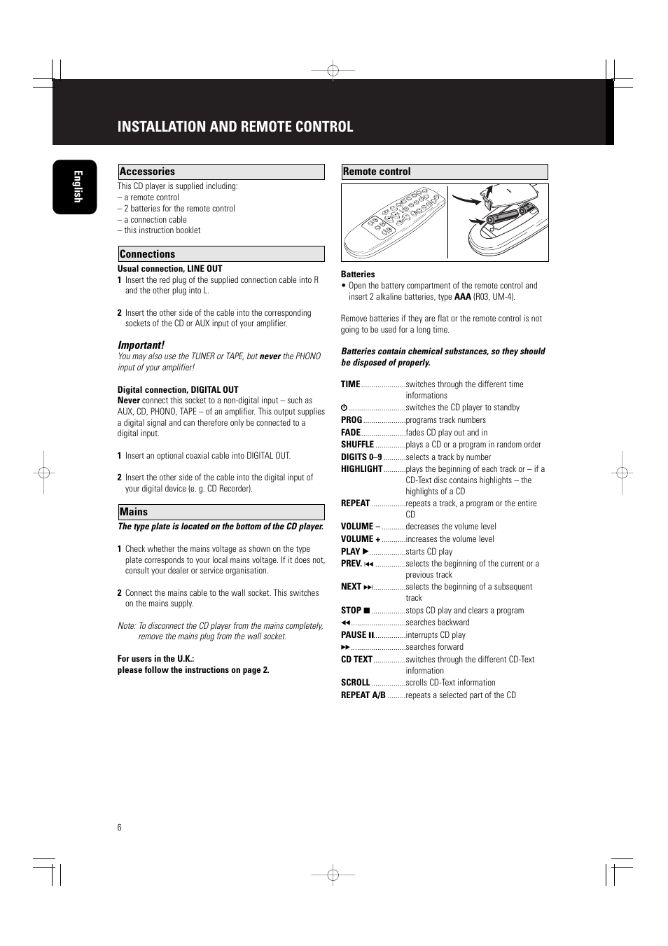 Installation and remote control, Important, Tim e pro gr am fad er | Shu ffl e | Philips CD5000 User Manual | Page 7 / 14