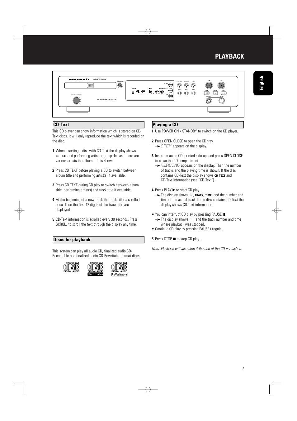 Playback, Playing a cd discs for playback cd-text english | Philips CD5000 User Manual | Page 8 / 14