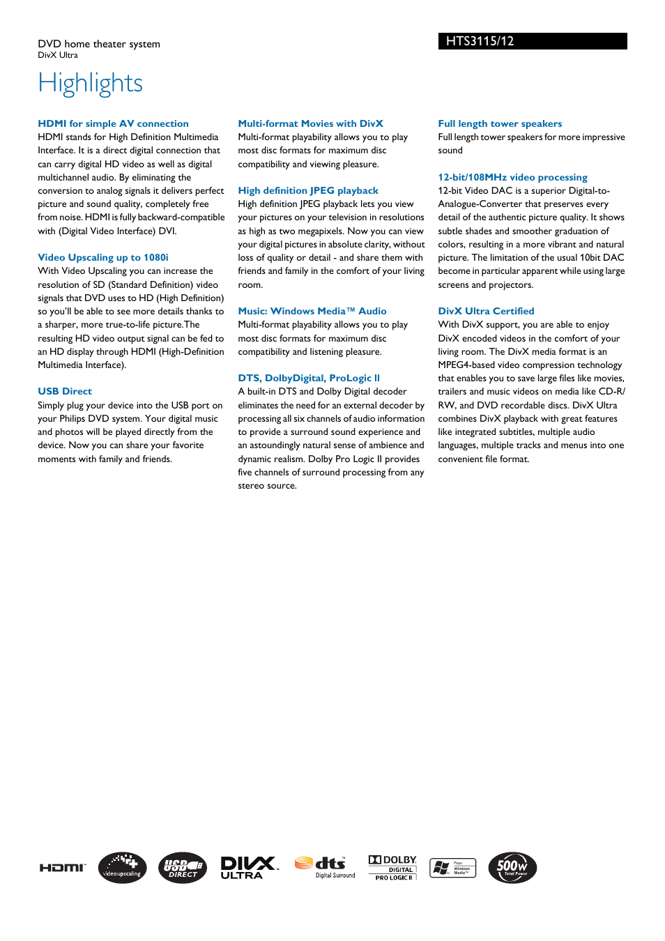 Highlights | Philips DVD home theater system HTS3115 User Manual | Page 2 / 3