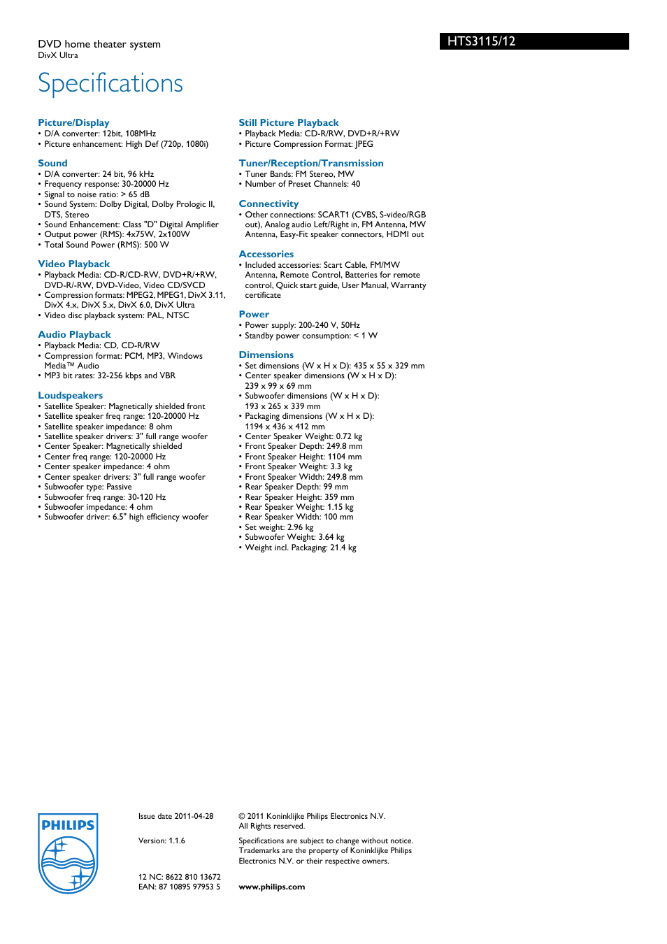 Specifications | Philips DVD home theater system HTS3115 User Manual | Page 3 / 3