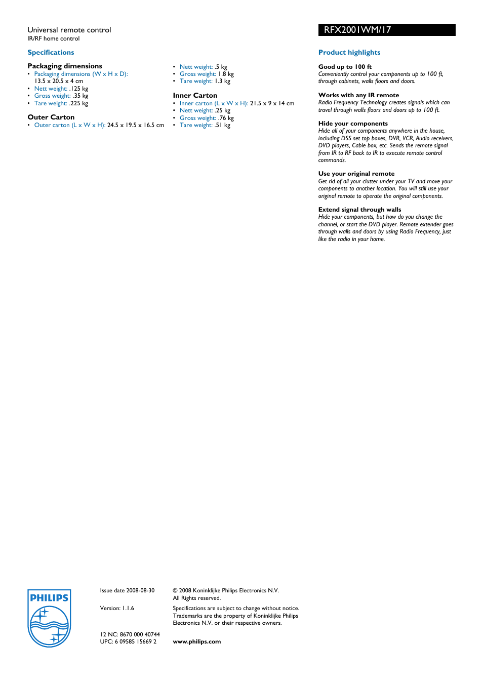 Philips | Philips RFX2001WM User Manual | Page 2 / 2