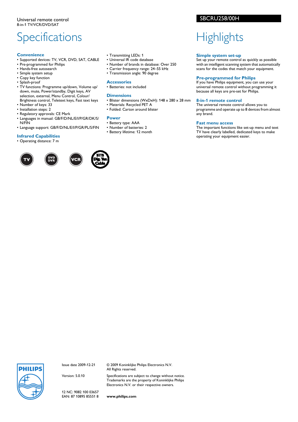 Specifications, Highlights | Philips SBCRU258 User Manual | Page 2 / 2