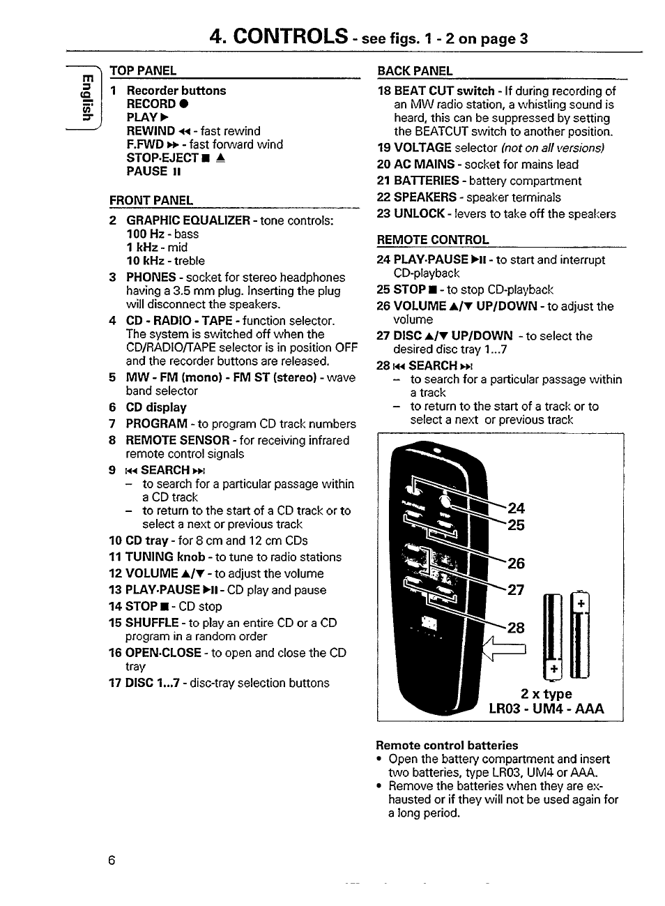 2 x type, Lr03 - um4 - aaa, Controls | See figs. 1 - 2 on page 3, Type lr03 - um4 - aaa | Philips AZ 9855 User Manual | Page 4 / 17