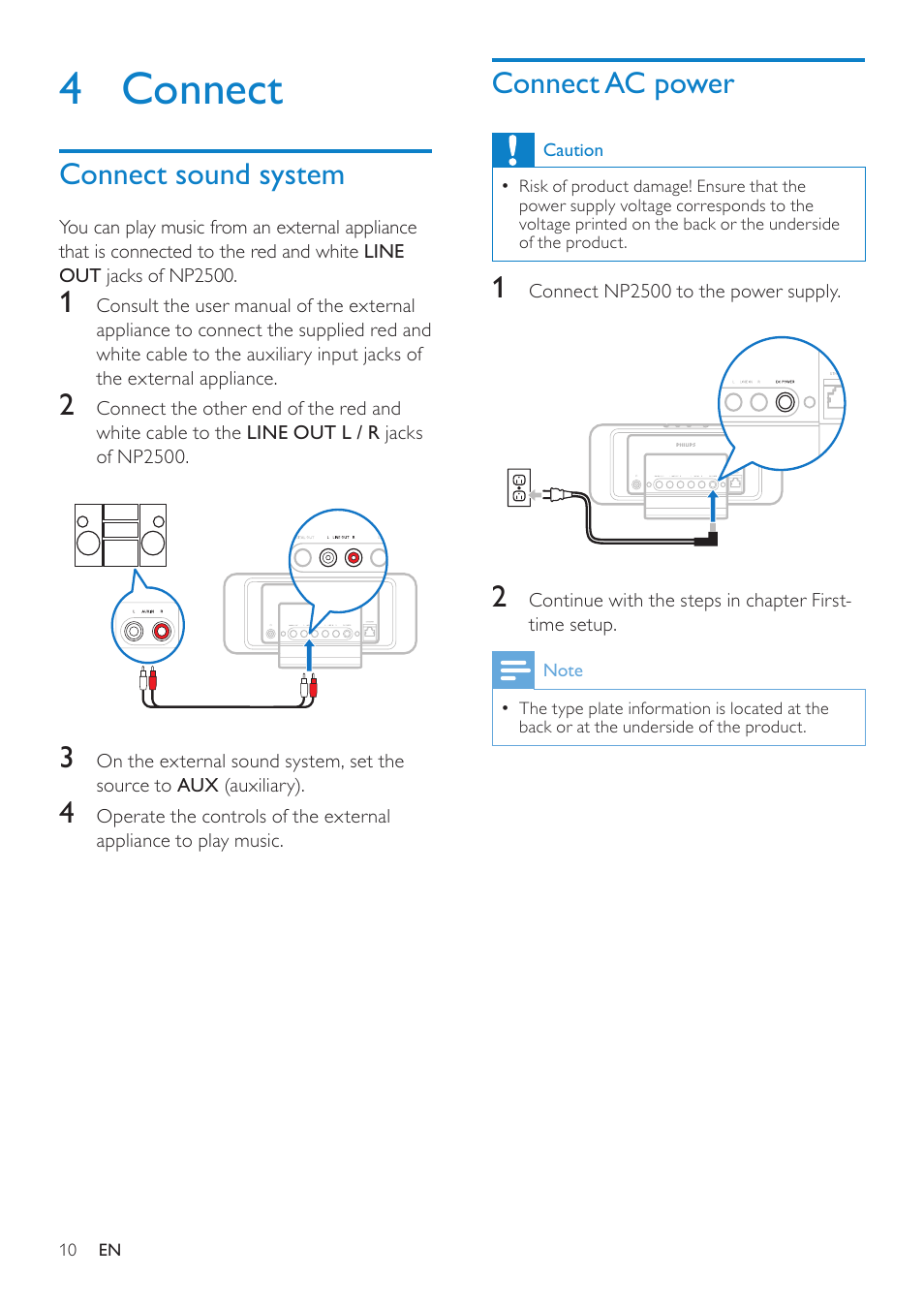 4 connect, Connect sound system, Connect ac power | Philips HK-0947-NP2500-FR User Manual | Page 12 / 66