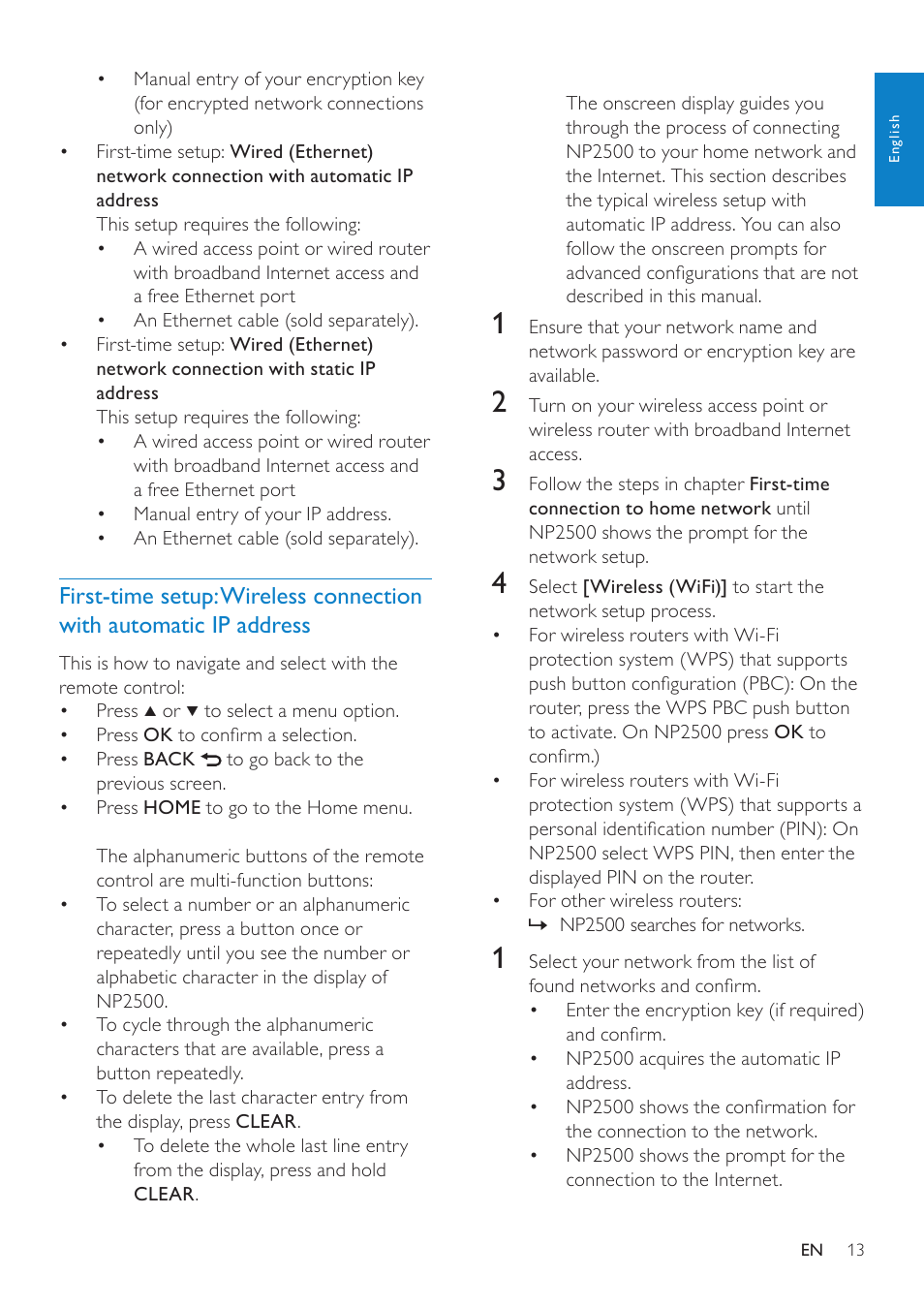 First-time setup: wireless, Connection with automatic ip, Address | Philips HK-0947-NP2500-FR User Manual | Page 15 / 66