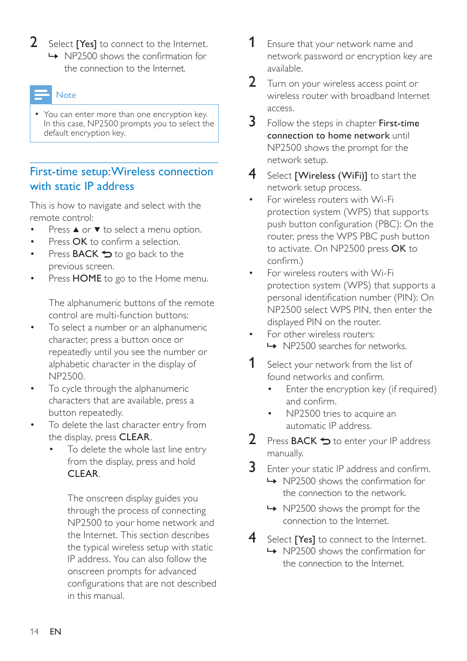 First-time setup: wireless, Connection with static ip address 14 | Philips HK-0947-NP2500-FR User Manual | Page 16 / 66