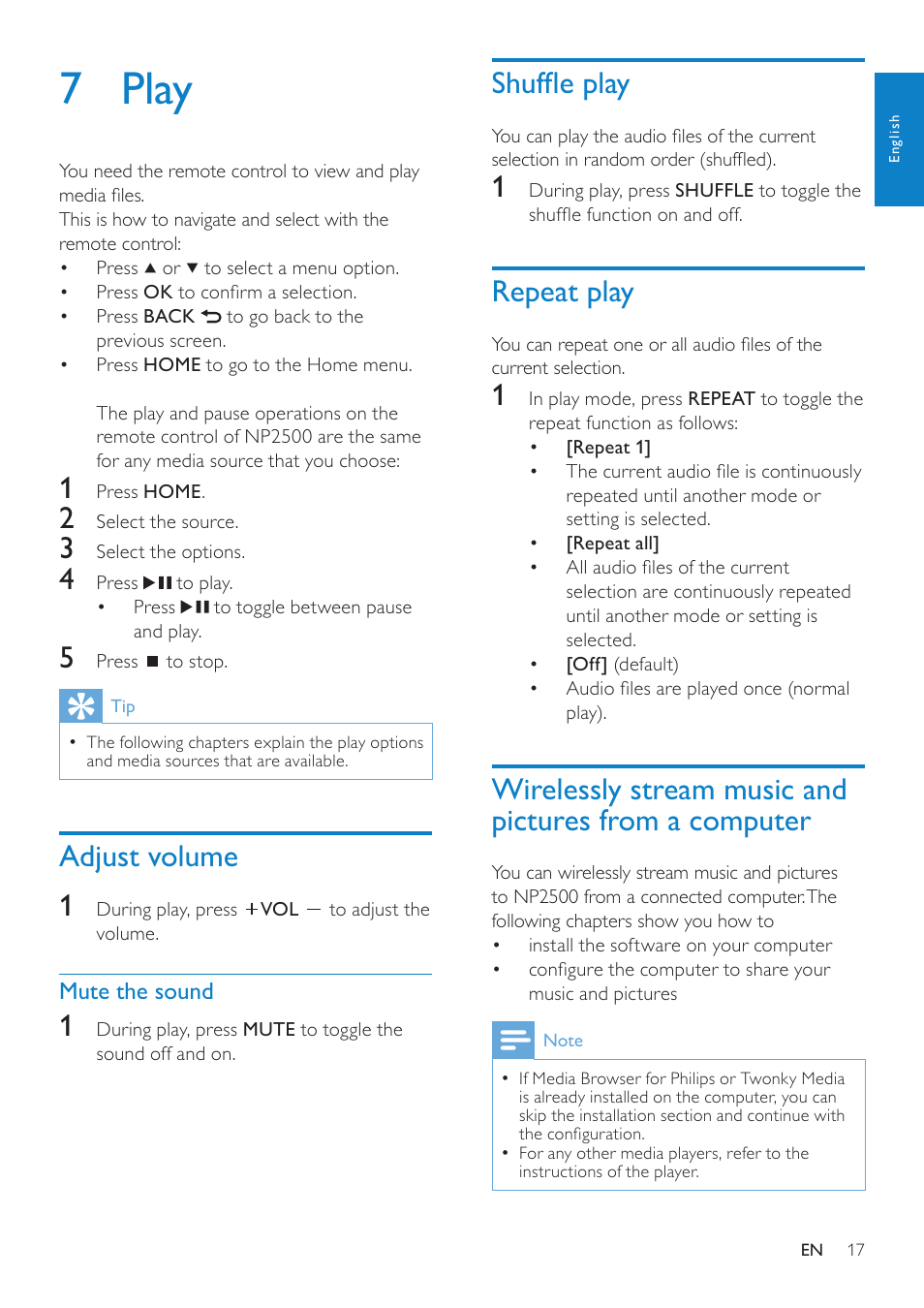 7 play, Adjust volume, Mute the sound | Shuffle play, Repeat play, Wirelessly stream music and pictures, From a computer, Adjust volume 1 | Philips HK-0947-NP2500-FR User Manual | Page 19 / 66