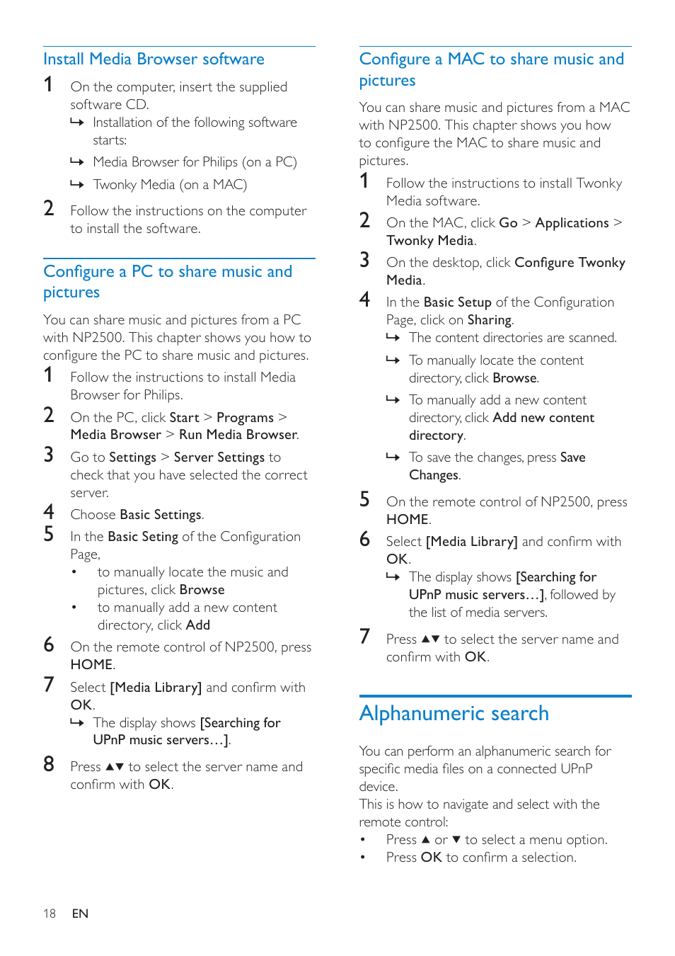 Install media browser software, Configure a pc to share music and pictures, Configure a mac to share music and pictures | Alphanumeric search, Configure a pc to share music and, Pictures, Configure a mac to share music, And pictures | Philips HK-0947-NP2500-FR User Manual | Page 20 / 66