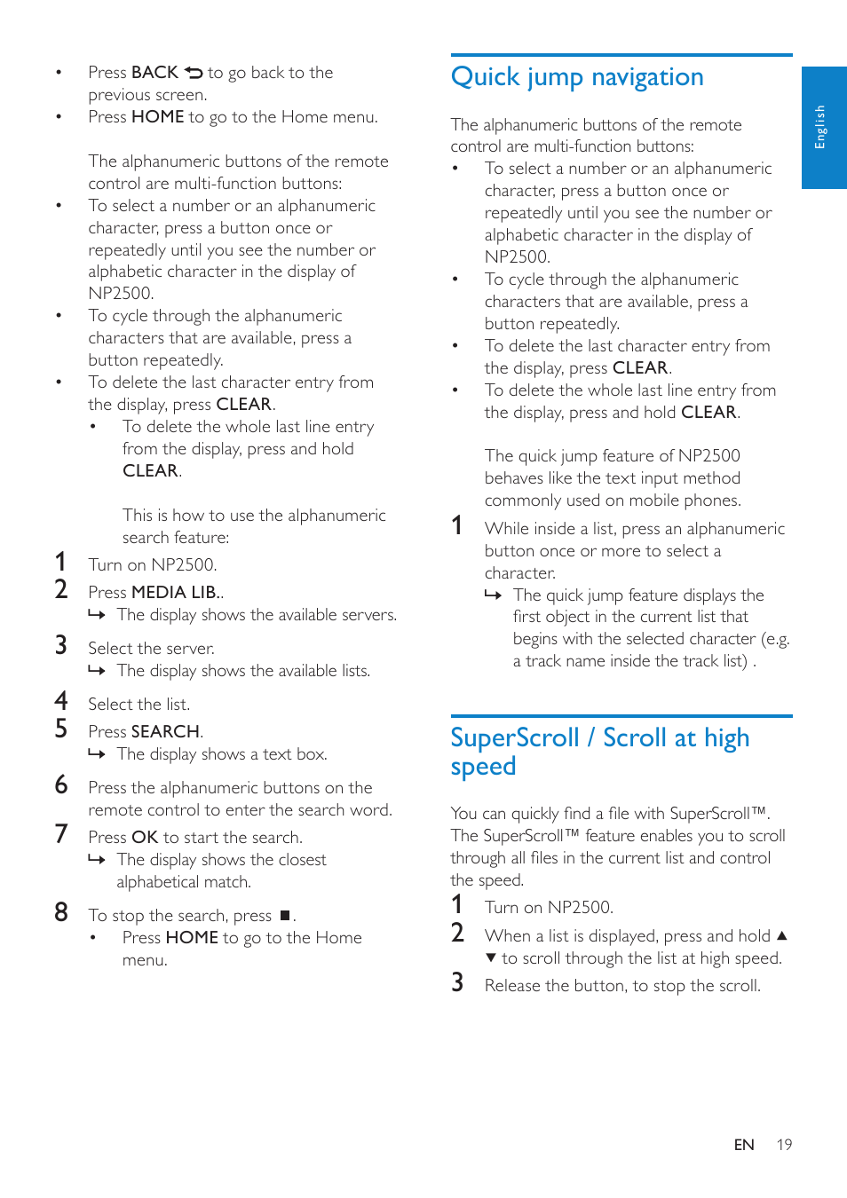 Quick jump navigation, Superscroll / scroll at high speed | Philips HK-0947-NP2500-FR User Manual | Page 21 / 66