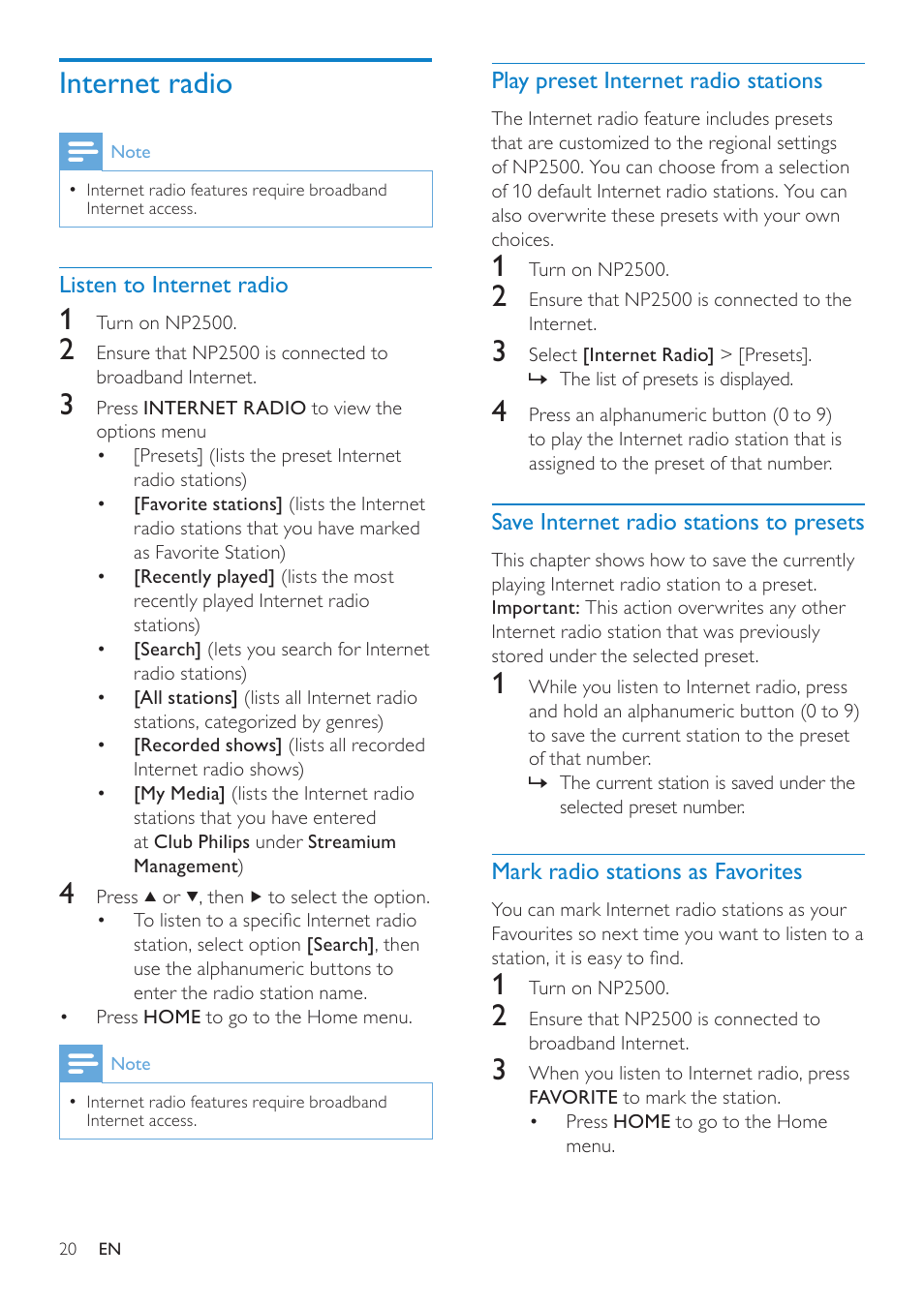 Internet radio, Listen to internet radio, Play preset internet radio stations | Save internet radio stations to presets, Mark radio stations as favorites, Play preset internet radio stations 20, Save internet radio stations to, Presets, Mark radio stations as favorites 20 | Philips HK-0947-NP2500-FR User Manual | Page 22 / 66