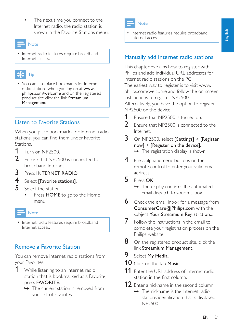 Listen to favorite stations, Remove a favorite station, Manually add internet radio stations | Philips HK-0947-NP2500-FR User Manual | Page 23 / 66