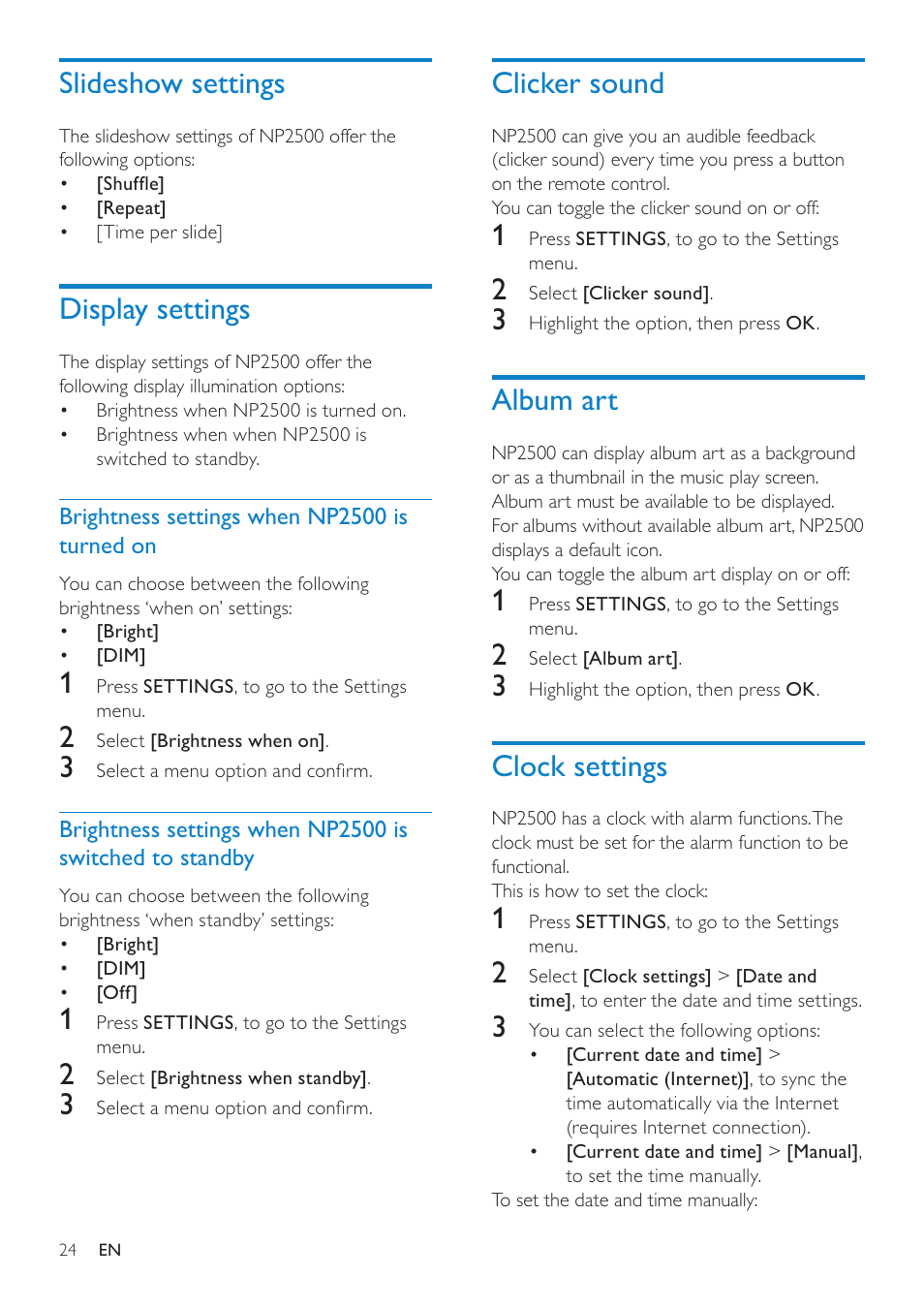 Slideshow settings, Display settings, Brightness settings when np2500 is turned on | Clicker sound, Album art, Clock settings, Brightness settings when np2500 is, Turned on, Switched to standby | Philips HK-0947-NP2500-FR User Manual | Page 26 / 66