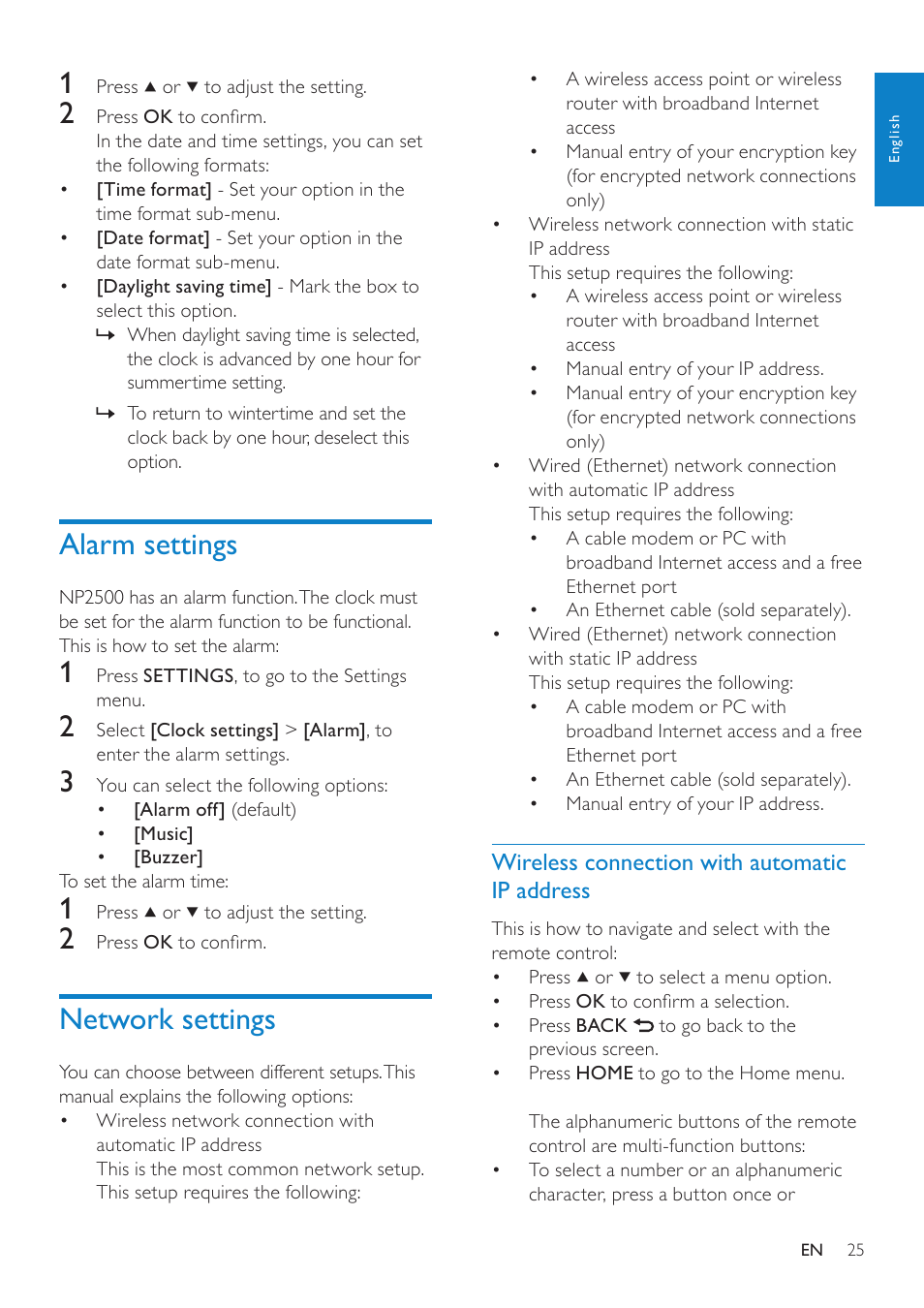 Alarm settings, Network settings, Wireless connection with automatic ip address | Wireless connection with automatic, Ip address | Philips HK-0947-NP2500-FR User Manual | Page 27 / 66