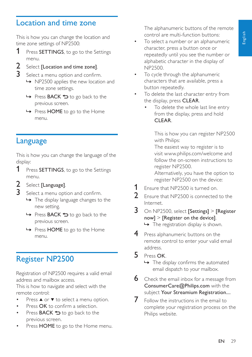 Location and time zone, Language, Register np2500 | Philips HK-0947-NP2500-FR User Manual | Page 31 / 66