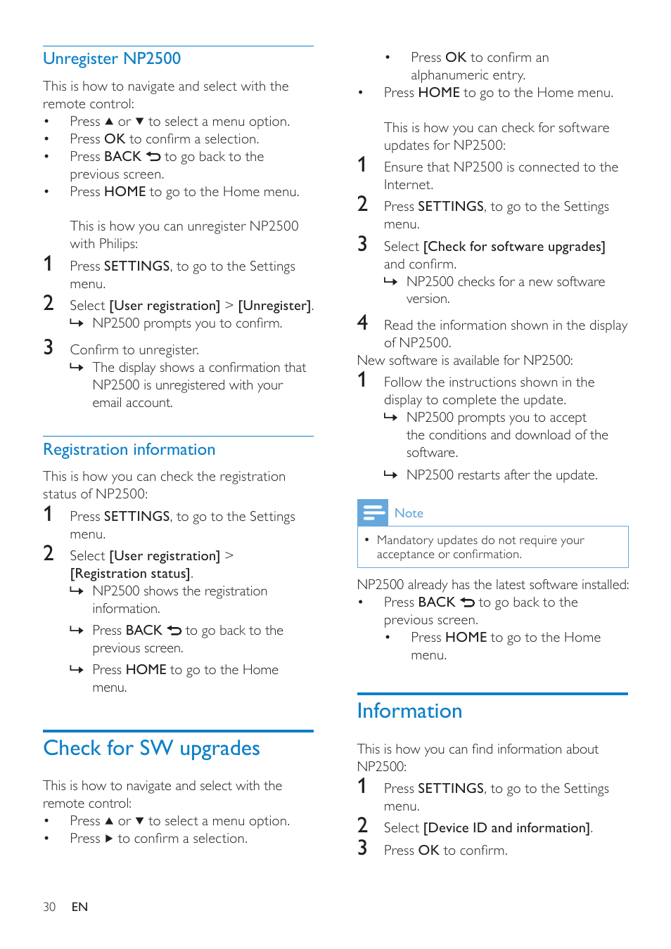 Unregister np2500, Registration information, Check for sw upgrades | Information | Philips HK-0947-NP2500-FR User Manual | Page 32 / 66