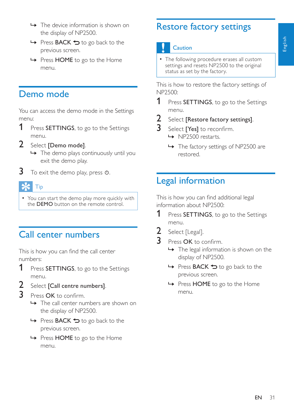 Demo mode, Call center numbers, Restore factory settings | Legal information | Philips HK-0947-NP2500-FR User Manual | Page 33 / 66