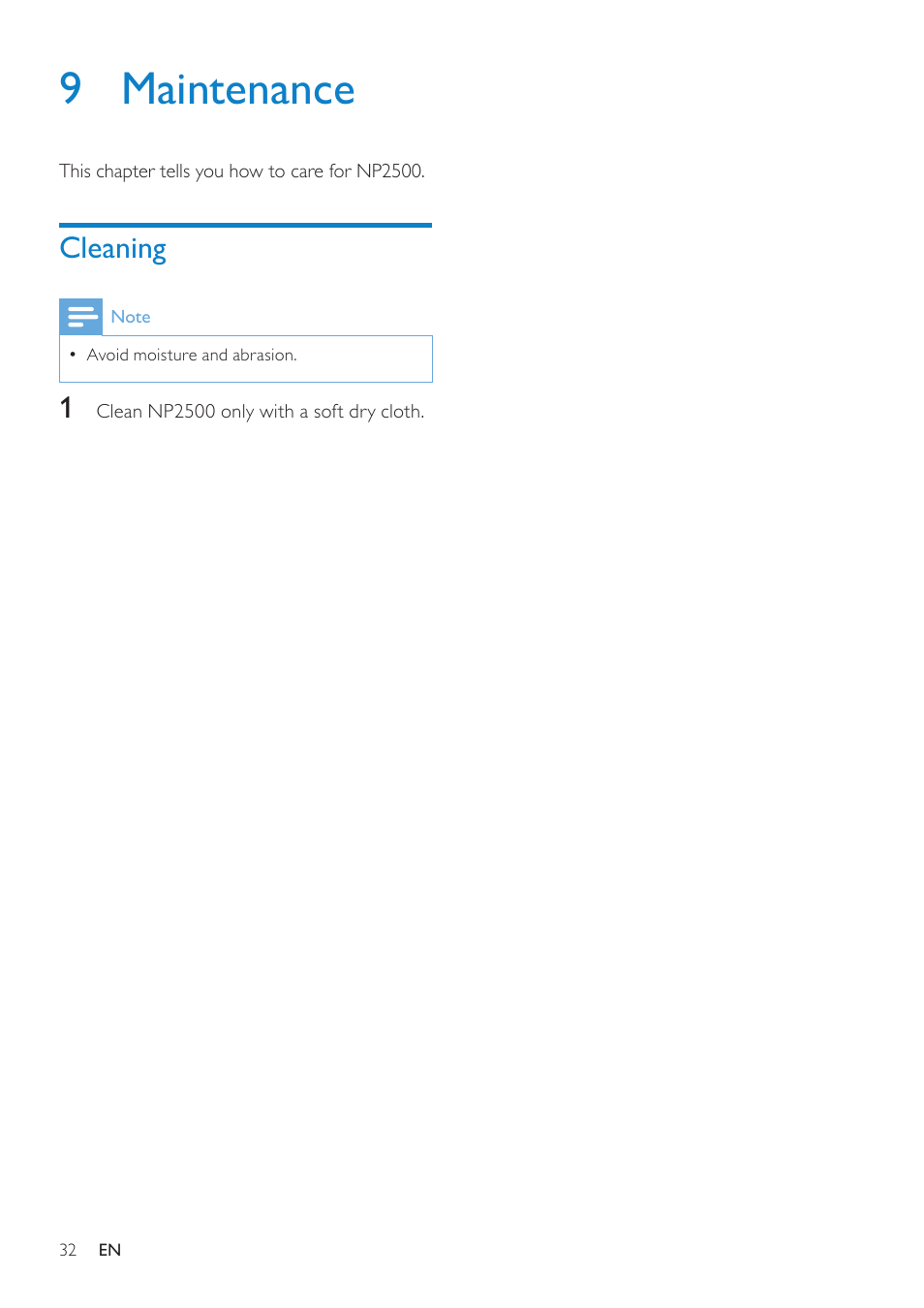 9 maintenance, Cleaning | Philips HK-0947-NP2500-FR User Manual | Page 34 / 66