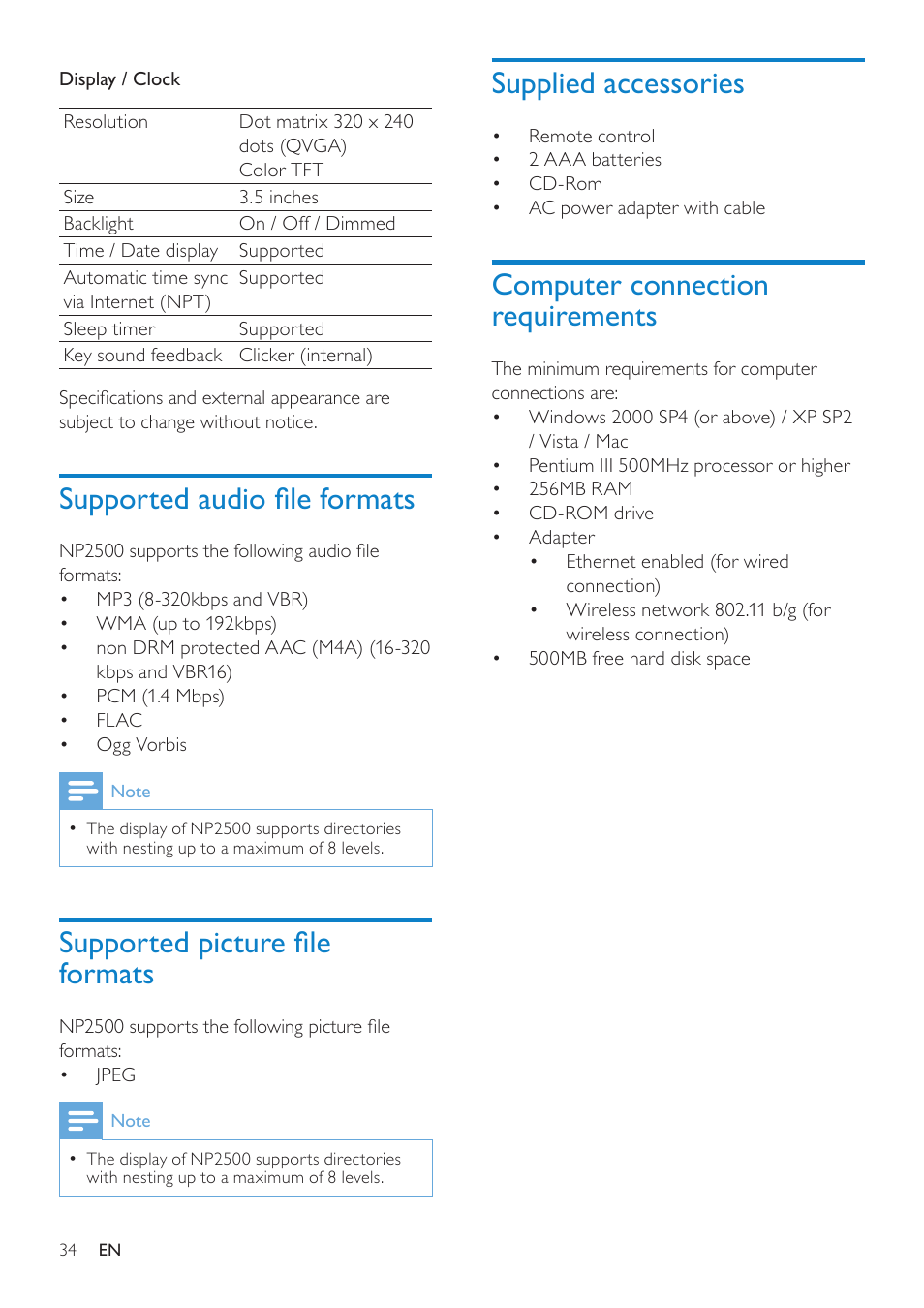 Supported audio file formats, Supported picture file formats, Supplied accessories | Computer connection requirements, Computer connection requirements 34 | Philips HK-0947-NP2500-FR User Manual | Page 36 / 66